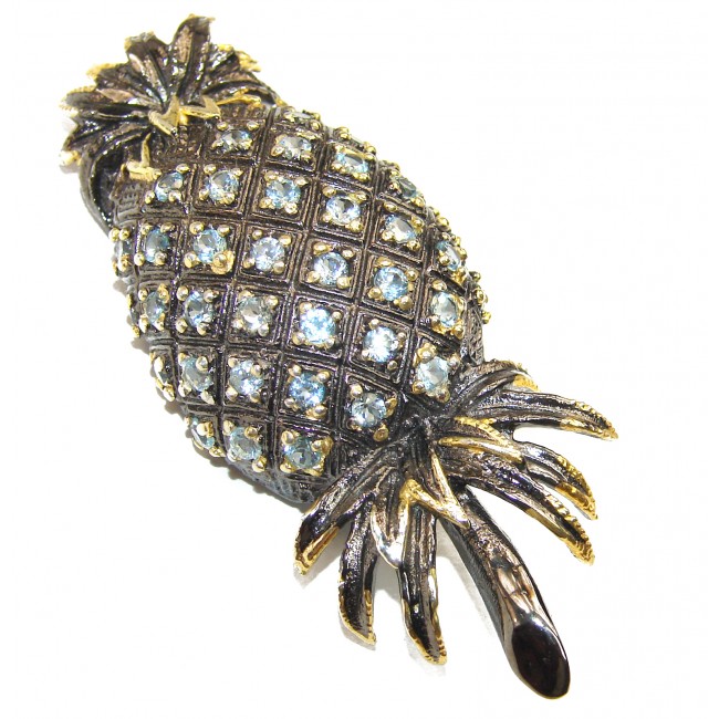 Precious Pineapple genuine Swiss Blue Topaz black rhodium over .925 Sterling Silver handmade Pendant - Brooch