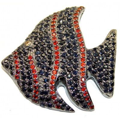 Large Fish Genuine Ruby Sapphire .925 Sterling Silver Pendant Brooch