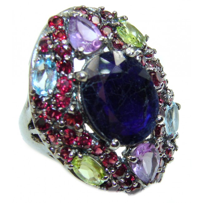 Incredible authentic Sapphire black rhodium over .925 Sterling Silver handmade large Ring size 8