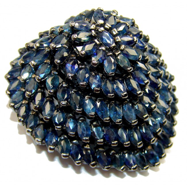 Large Heart Blue genuine Sapphire black rhodium over .925 Sterling Silver handmade Pendant - Brooch