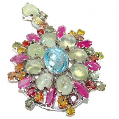Incredible authentic Swiss Blue Topaz Tourmaline .925 Sterling Silver handmade pendant brooch