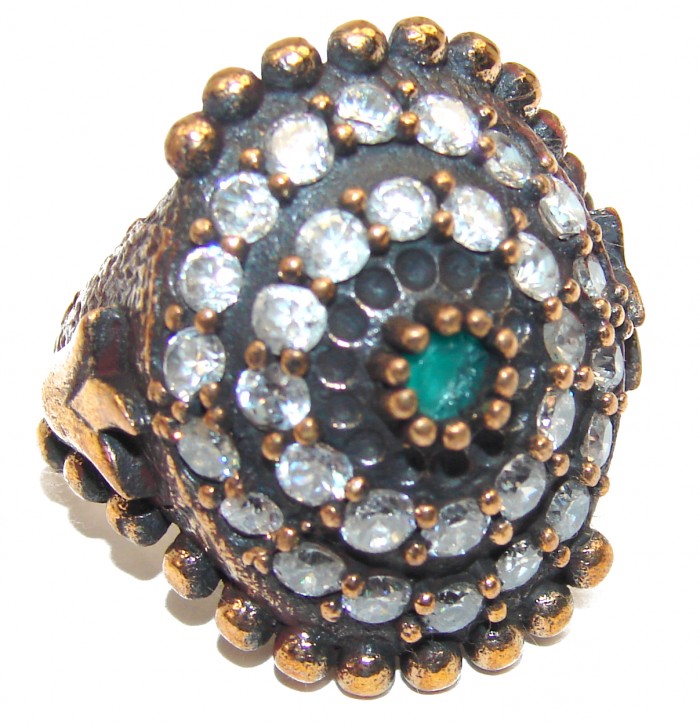 Victorian Style created Emerald & White Topaz Copper over Sterling Silver ring; s. 7
