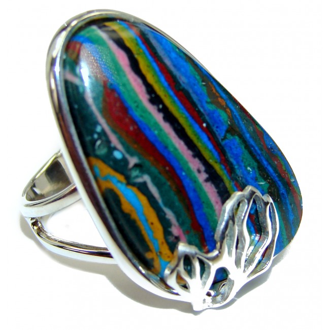 Huge Blue Rainbow Calsilica .925 Sterling Silver handcrafted ring size 6 adjustable
