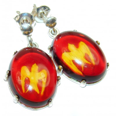 SwallowS Genuine carved Baltic Polish Amber Sterling Silver handmade Cameo Earrings