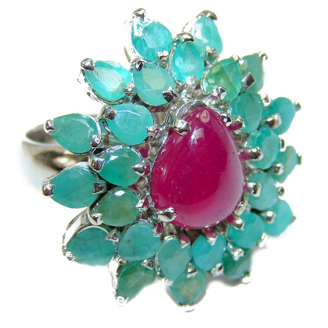 Royal quality unique Ruby Emerald .925 Sterling Silver handcrafted Ring size 8