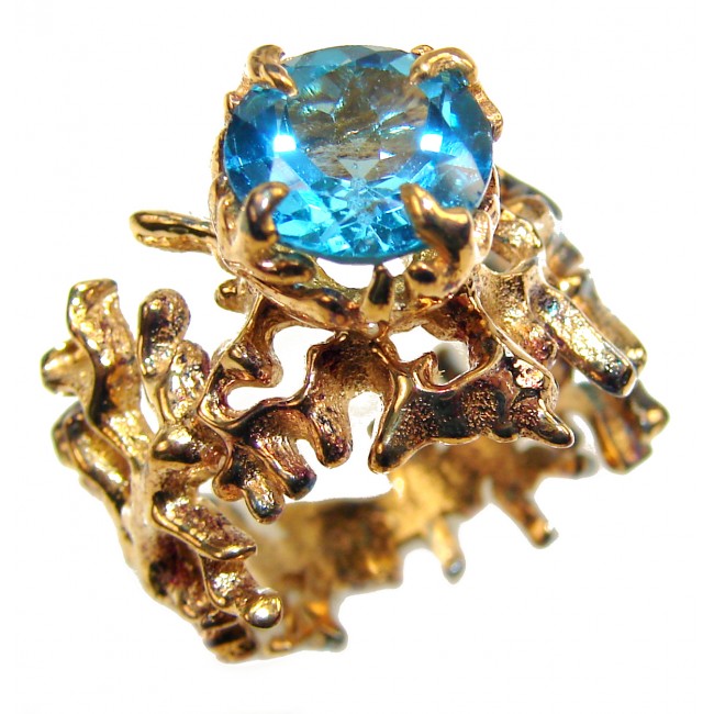Poseidon Swiss Blue Topaz 18K Gold over .925 Sterling Silver handmade Ring size 5 3/4