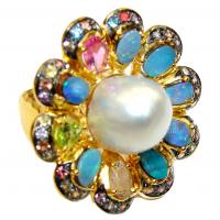 Natural  Pearl Australian Opal  14K Gold over .925 Sterling Silver handcrafted  Ring s.  7