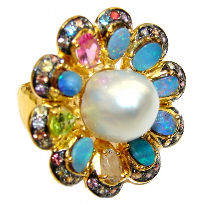 Natural Pearl Australian Opal 14K Gold over .925 Sterling Silver handcrafted Ring s. 7