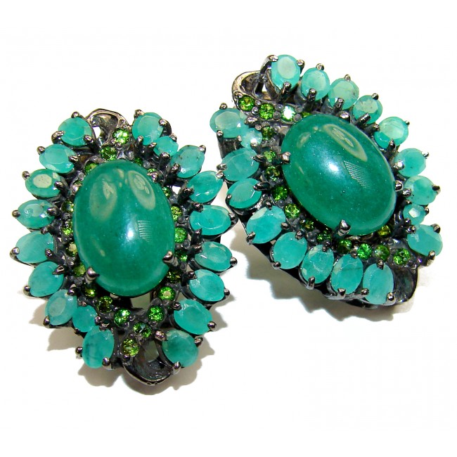 Very Unique Green Jade Emerald black rhodium over .925 Sterling Silver handcrafted earrings