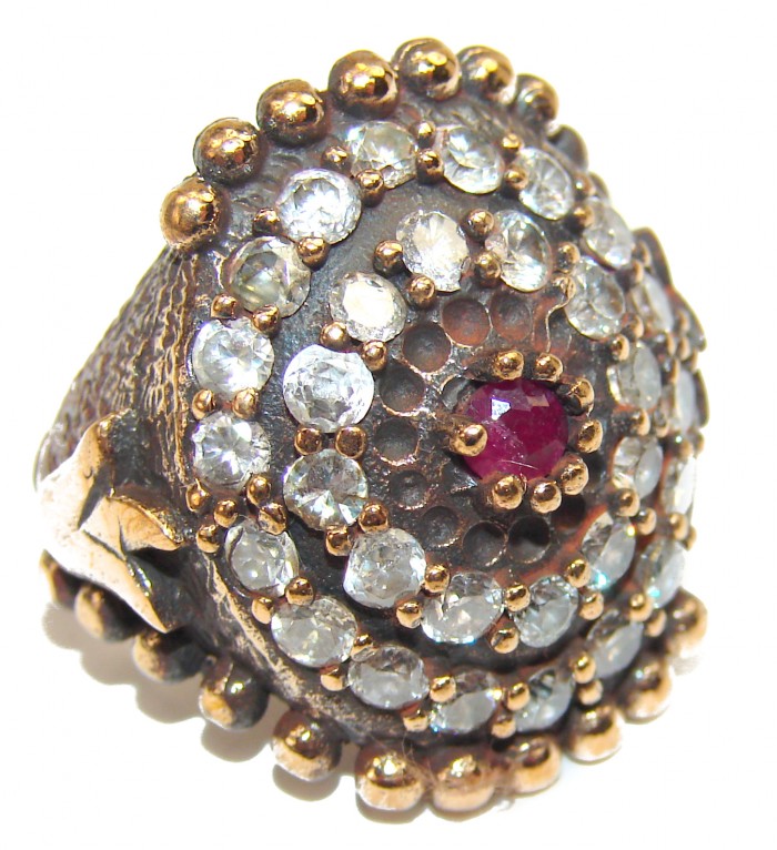 Victorian Style created Ruby & White Topaz Copper over Sterling Silver ring; s. 6 1/4