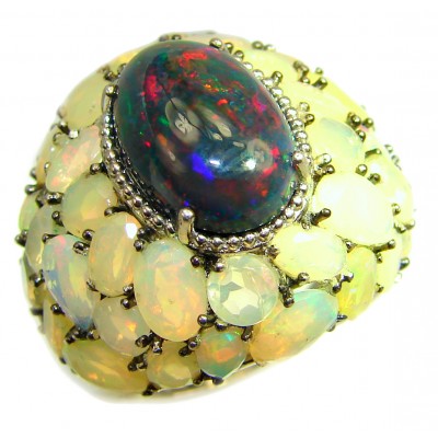 Pure Energy Genuine Black Opal 14K White Gold over .925 Sterling Silver handmade Ring size 9