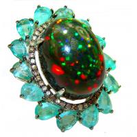 A COSMIC POWER Genuine  18.95 carat Black  Opal Emerald 14K White Gold over .925 Sterling Silver handmade Ring size 7 1/4