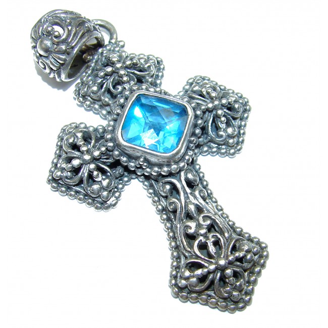 Victorian Style Holy Cross genuine Swiss Blue Topaz .925 Sterling Silver handmade pendant