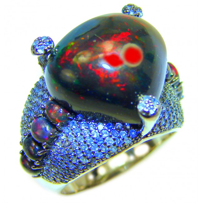 A COSMIC POWER Genuine 10.9 carat Black Opal Sapphire 14K White Gold over .925 Sterling Silver handmade Ring size 7 3/4