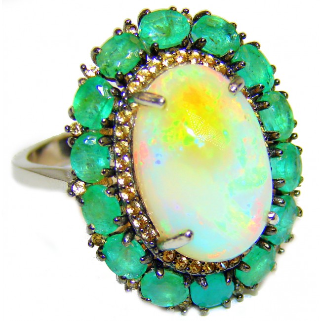 Incredible BEAUTY Genuine 14.5 carat Ethiopian Opal Emerald .925 Sterling Silver handmade Ring size 9