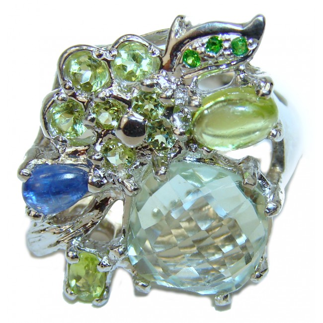 Incredible Green Amethyst Garnet 14K white Gold over .925 Sterling Silver ring size 9 1/4