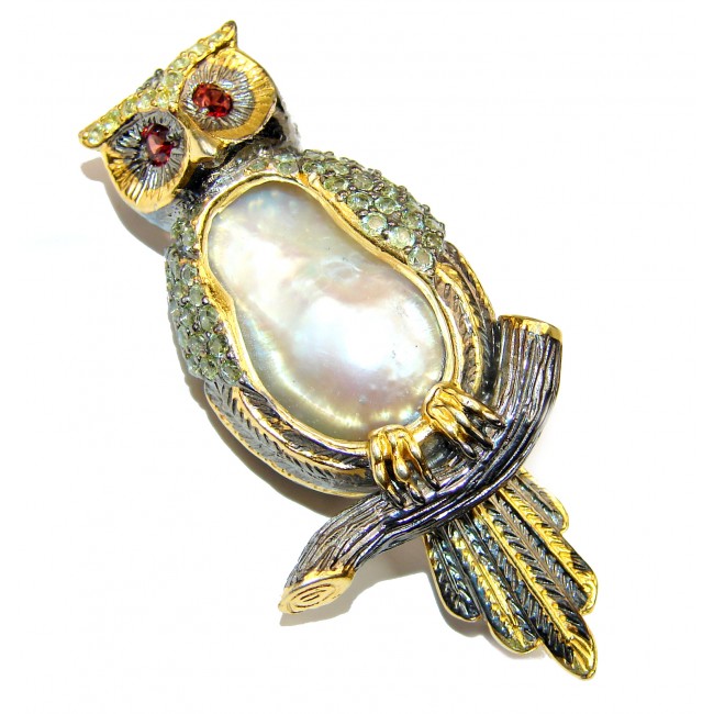 Incredible Owl Natural Chrome Diopside .925 Sterling Silver handmade Pendant Brooch