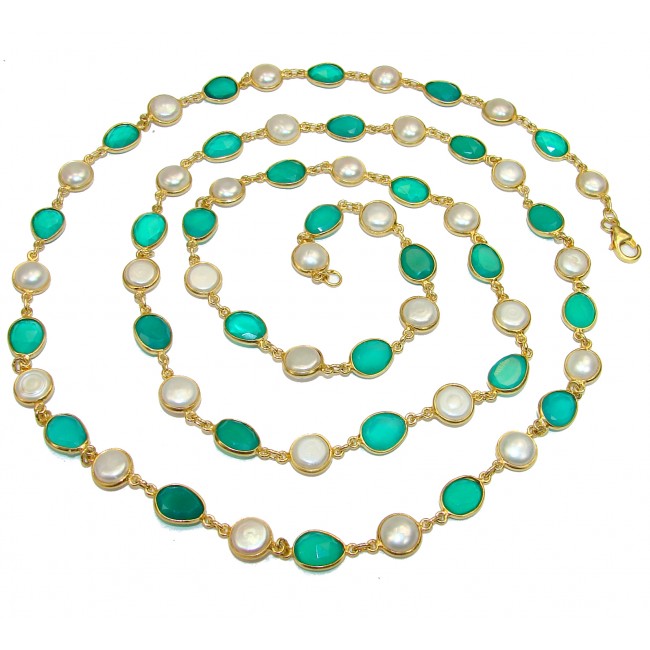 Long 32 inches genuine Emerald Mother of Pearl 14K Gold over .925 Sterling Silver handcrafted Necklace