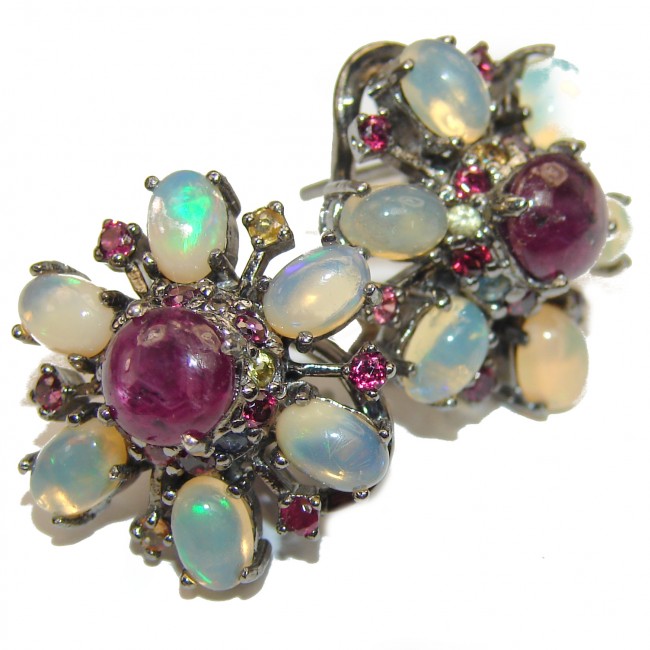 Authentic Star Ruby Ethiopian Opal Black Rhodium over .925 Sterling Silver handmade earrings