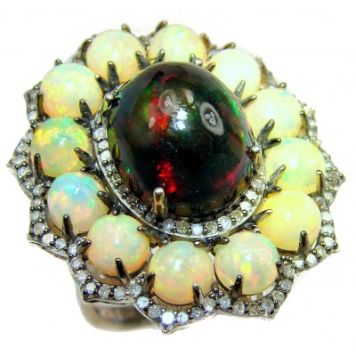 BRILLIANT SHOW Genuine 15.95 carat Black Opal Emerald 14K White Gold over .925 Sterling Silver handmade Ring size 7
