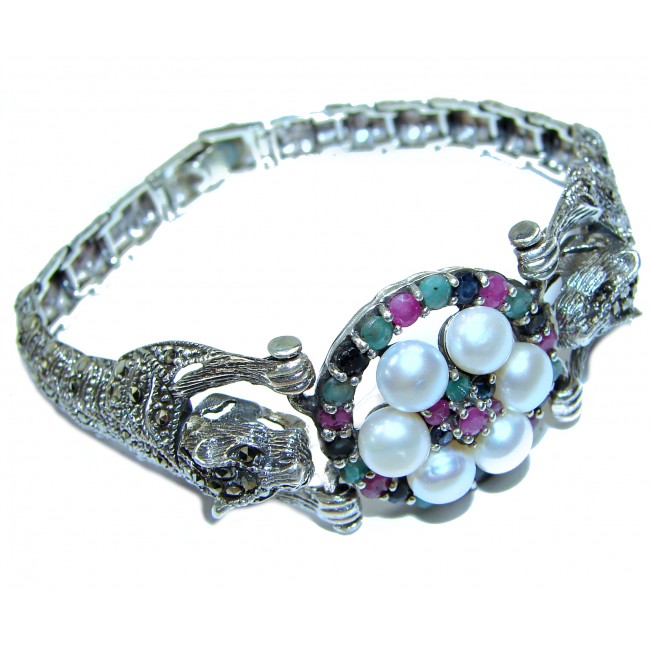 Precious Panther Pearl Ruby Emerald Sapphire .925 Sterling Silver handcrafted Bracelet