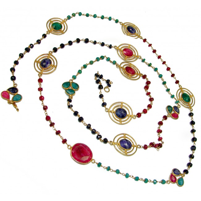 Authentic Ruby Emerald Sapphire 42 inches 14k Gold over .925 Sterling Silver handcrafted necklace
