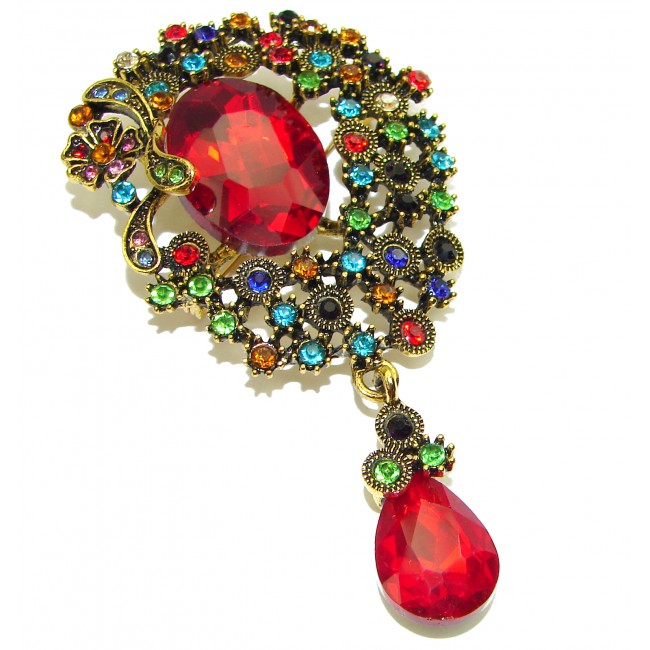 Spectacular Vintage Design Red Crystal Pendant Brooch