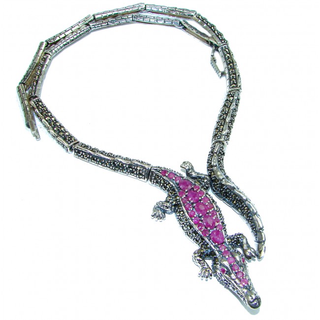 MASSIVE Alligator Genuine Ruby Marcasite .925 Sterling Silver handmade handcrafted Necklace