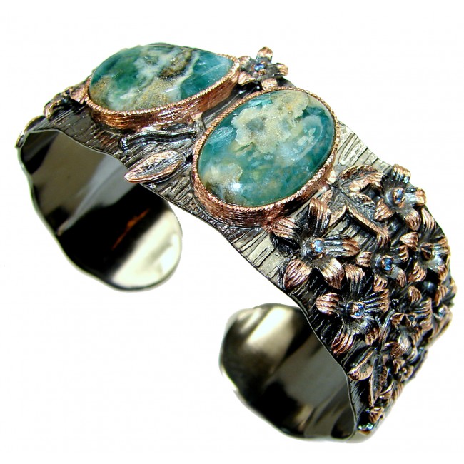 Large Boho Chic Genuine Turquoise 18K Gold over .925 Sterling Silver handmade Bracelet / Cuff