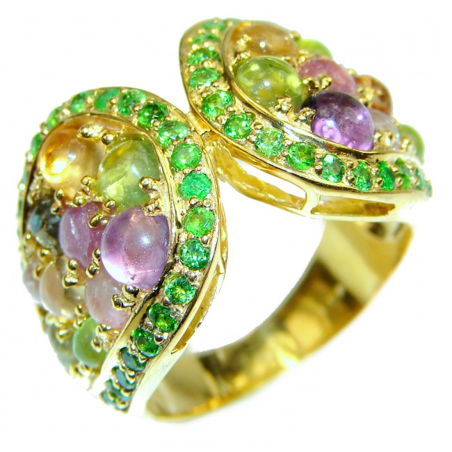 Genuine Watermelon Tourmaline 14K yellow Gold over .925 Sterling Silver handcrafted Statement Ring size 9 1/4