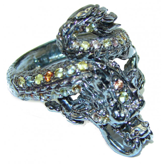 Multicolor Sapphire Dragon black rhodium over . 925 Sterling Silver Ring s. 10