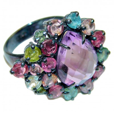 Incredible 15.7carat African Amethyst Tourmaline .925 Sterling Silver handcrafted ring size 8 3/4