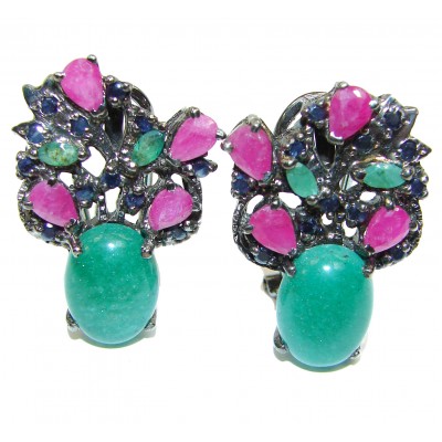 Very Unique Green Jade Ruby black rhodium over .925 Sterling Silver handcrafted earrings