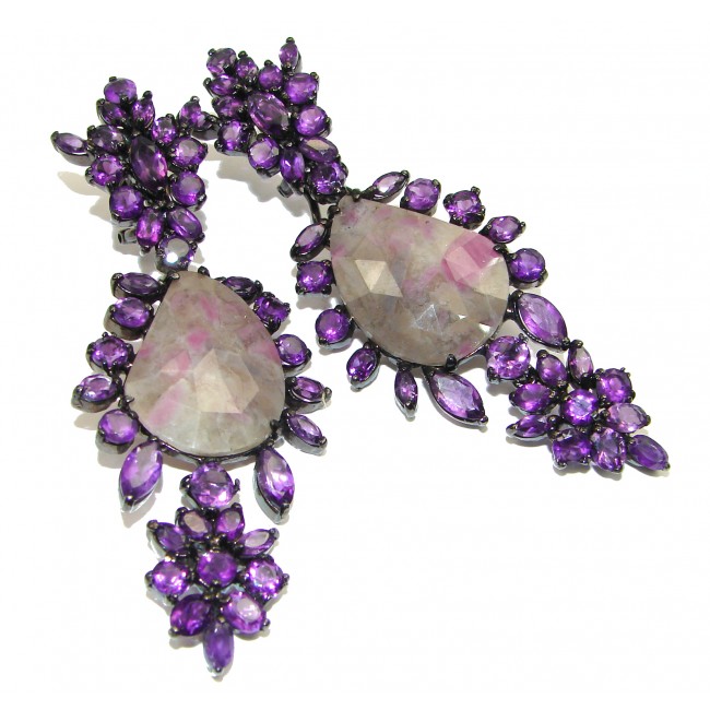 Incredible Sapphire Amethyst black rhodium over .925 Sterling Silver handcrafted Earrings