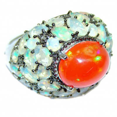 Royal quality Mexican Opal 18K White Gold over .925 Sterling Silver handcrafted Ring size 7 1/2