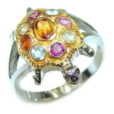 Good health and Long life Turtle Genuine Tourmaline .925 Sterling Silver handmade Ring size 9