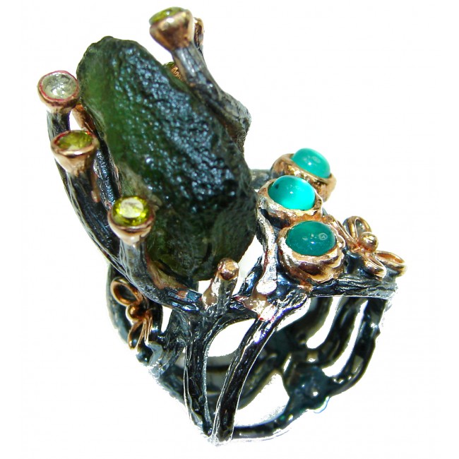 Large genuine Green Moldavite .925 Sterling Silver handcrafted Ring size 8