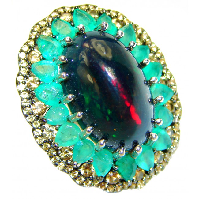A COSMIC POWER Genuine 19.9 carat Black Opal Colombian Emerald 14K White Gold over .925 Sterling Silver handmade Ring size 8
