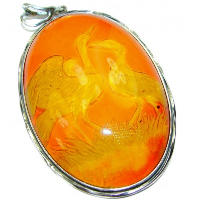 Herons Huge Authentic carved Baltic Amber .925 Sterling Silver handmade Pendant