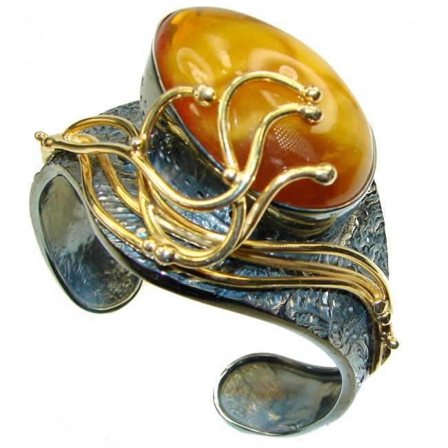 Huge 77.9 grams Genuine Baltic Amber 2 tones .925 Sterling Silver handcrafted Bracelet / Cuff