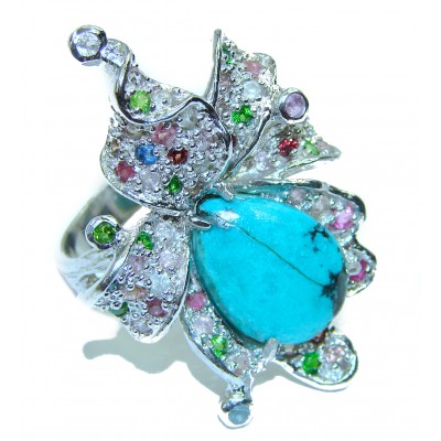 Authentic Beauty Turquoise Sapphire .925 Sterling Silver ring; s. 8