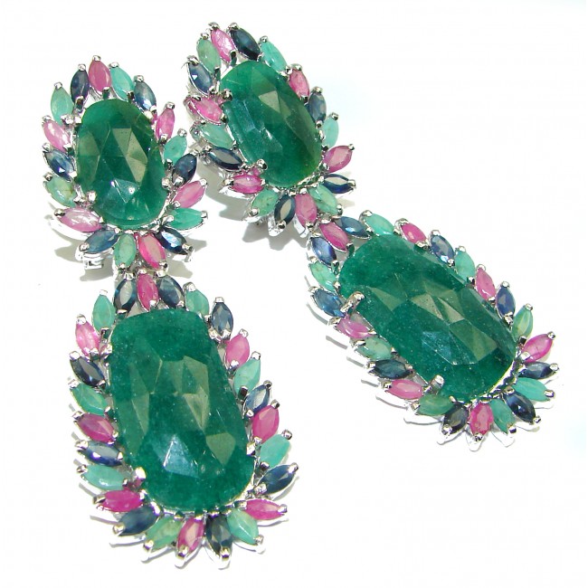 Spectacular natural Ruby Emerald .925 Sterling Silver handcrafted HUGE earrings