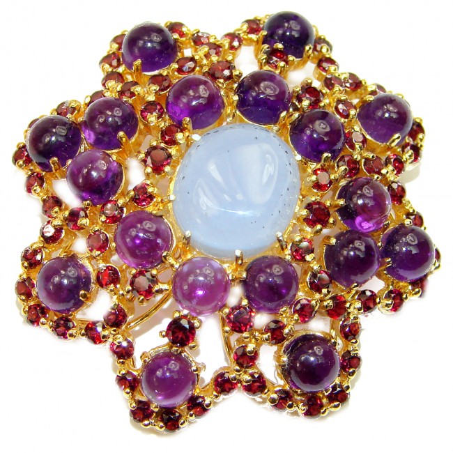 Large Spectacular Chalcedony Agate 14K Gold over .925 Sterling Silver handmade Pendant Brooch