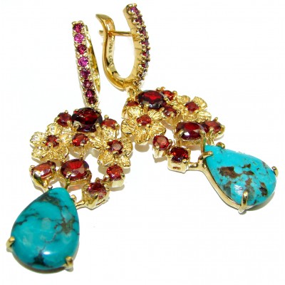 Genuine Beauty Turquoise Garnet 14K Gold over .925 Sterling Silver handcrafted Earrings