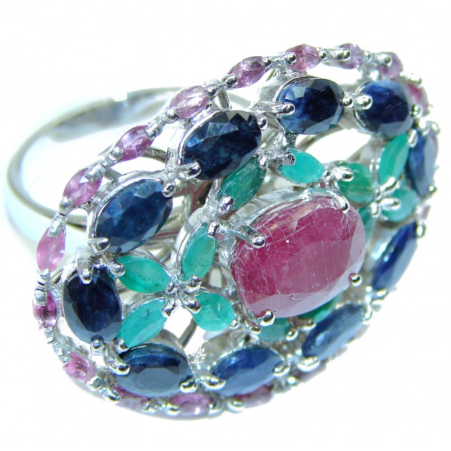 Massive Ruby Sapphire Emerald .925 Sterling Silver Ring size 9