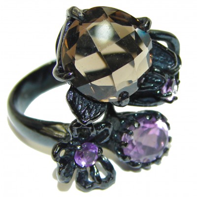 Mystery Champagne Smoky Topaz black rhodium over .925 Sterling Silver Ring size 8 1/4