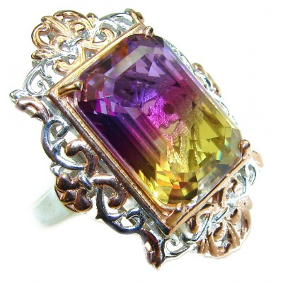 Emerald cut Ametrine 18K Gold over .925 Sterling Silver handcrafted Ring s. 8 1/4