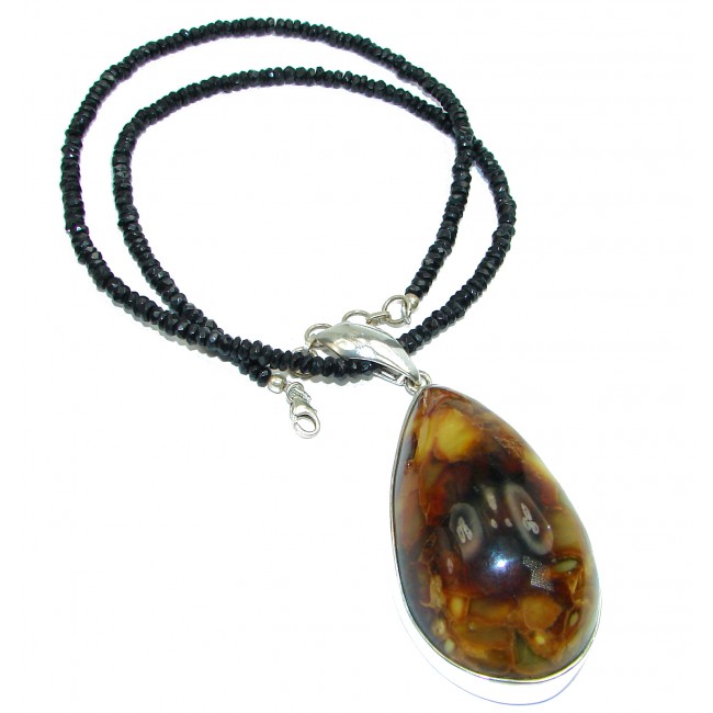 Natural Beauty Golden Polish Amber and Onyx .925 Sterling Silver handmade necklace
