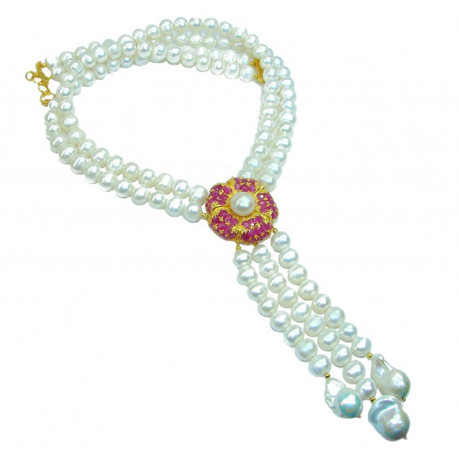 Pearl & Ruby 14K Gold over .925 Sterling Silver handmade Necklace