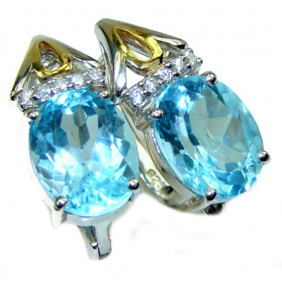 Spectacular genuine Swiss Blue Topaz 2 tones .925 Sterling Silver handcrafted earrings